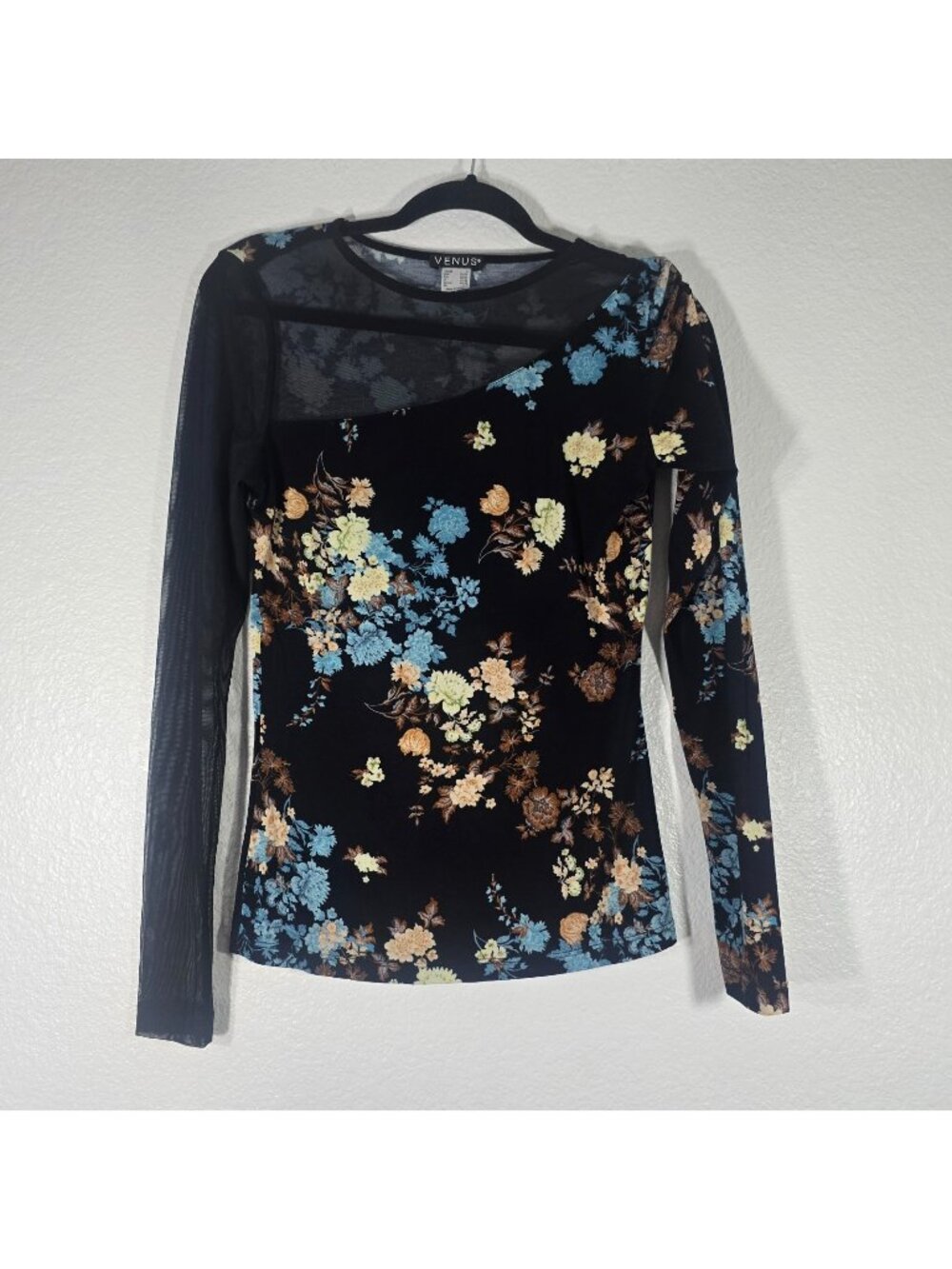 Venus Blouse Top Women Small Black Floral Sheer Mesh Long Sleeve 90s Y2K Friends